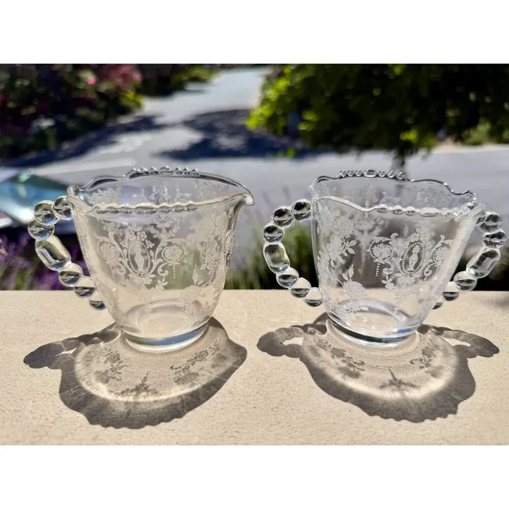 Vintage Tiffin-Franciscan Cherokee Rose Floral Beaded Glass Creamer & Sugar Set
